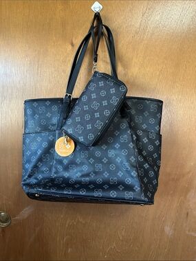 Charisma Black Patterned Tote with Matching Zipper Clutch wallet